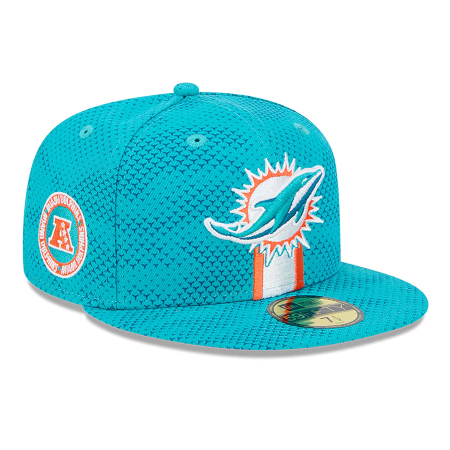 MIAMI DOLPHINS 2024 NFL SIDELINE 59FIFTY FITTED HAT AQUA JR S SPORTS