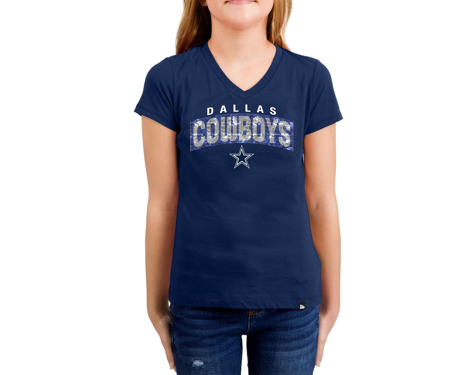 Dallas Cowboys Girls Flip Sequins Tee - Navy 22 / S