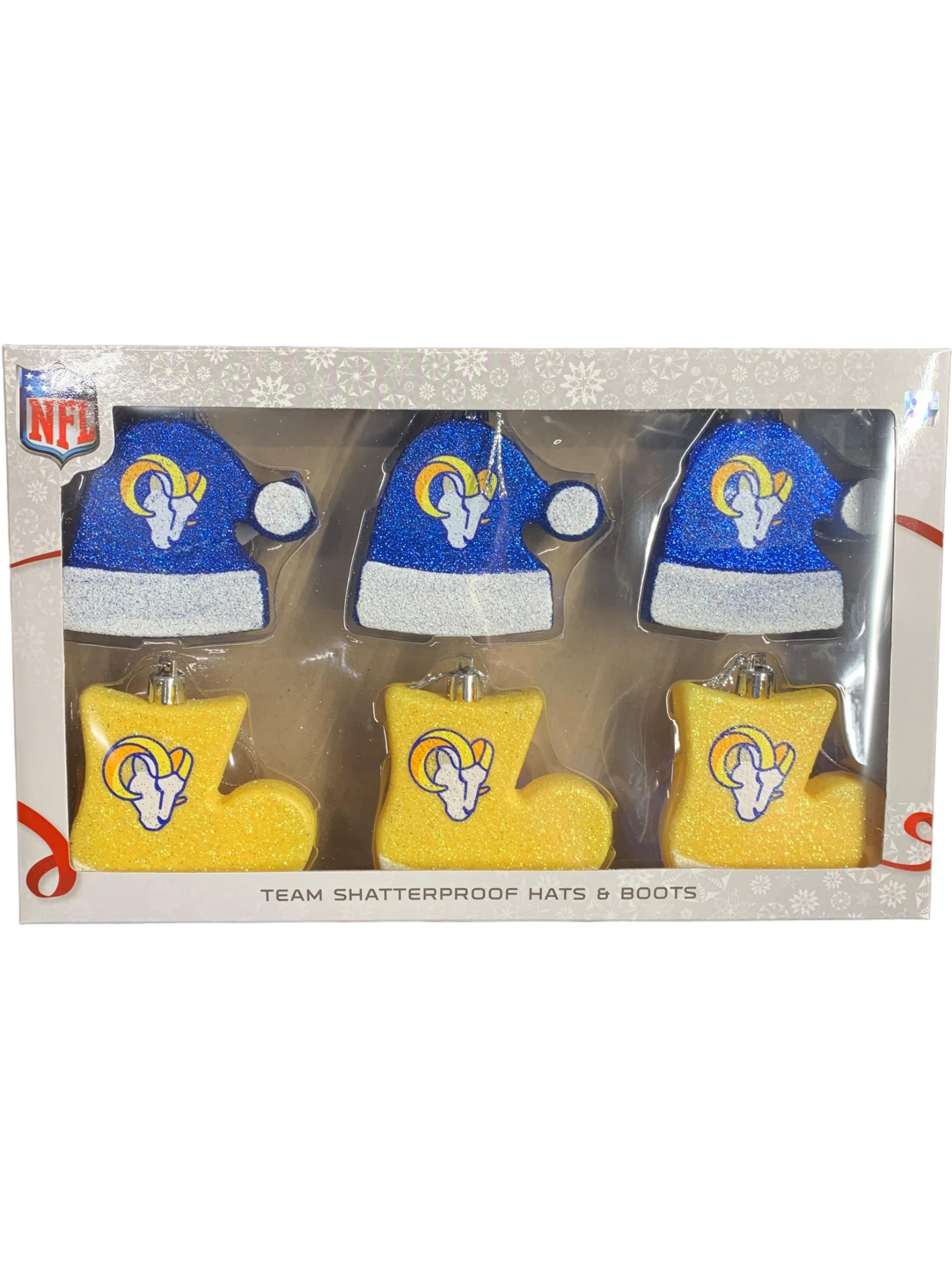 LOS ANGELES RAMS 6PK SANTA HATS AND BOOTS SHATTERPROOF CHRISTMAS ORNAM –  JR'S SPORTS