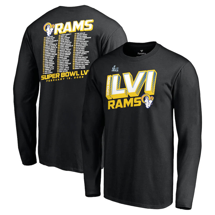 Men's Fanatics Branded Black Los Angeles Rams Super Bowl LVI Bound Tilted Roster Long Sleeve T-Shirt