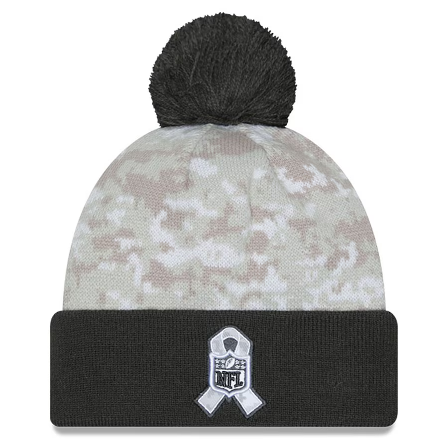 BALTIMORE RAVENS 2024 NFL SALUTE TO SERVICE CUFFED KNIT BEANIE WITH POM - ARTIC WHITE/GRAPHITE