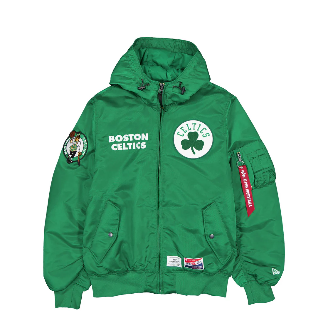 BOSTON CELTICS MEN'S NEWERA X ALPHA INDUSTRIES L-2B HOODED BOMBER JACKET - GREEN