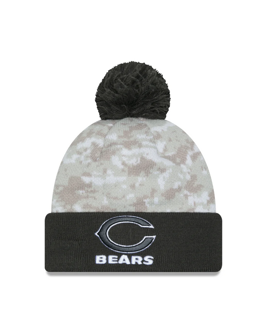 CHICAGO BEARS 2024 NFL SALUTE TO SERVICE CUFFED KNIT BEANIE WITH POM - ARTIC WHITE/GRAPHITE