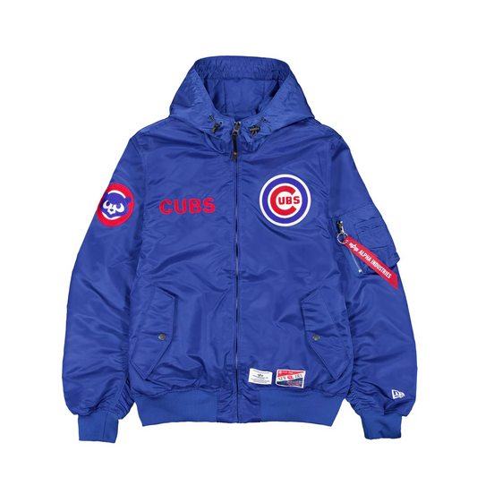 CHICAGO CUBS MEN'S NEWERA X ALPHA INDUSTRIES L-2B HOODED BOMBER JACKET - BLUE