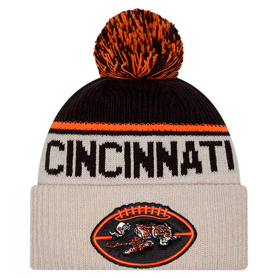 CINCINNATI BENGALS 2024 NFL HISTORIC SIDELINE CUFFED KNIT BEANIE WITH POM - STONE/BLACK