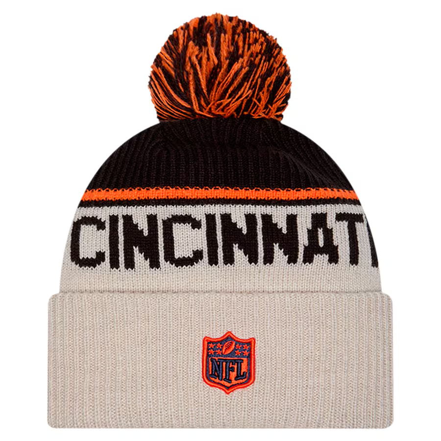 CINCINNATI BENGALS 2024 NFL HISTORIC SIDELINE CUFFED KNIT BEANIE WITH POM - STONE/BLACK