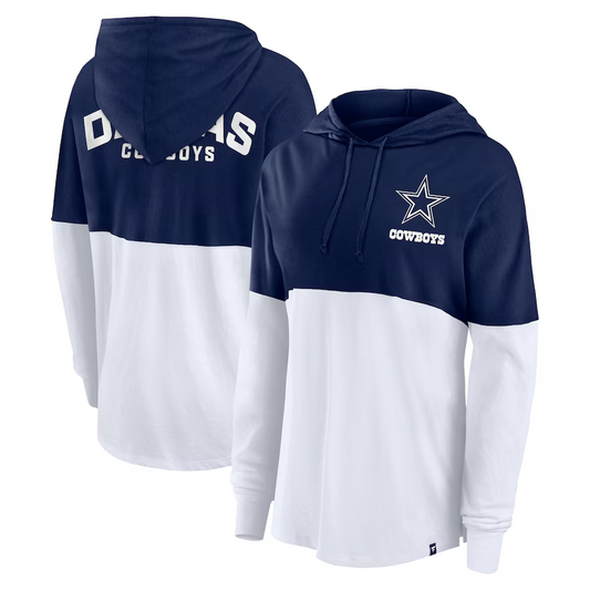 DALLAS COWBOYS WOMEN'S BACK UP OPTION HOODED LONG SLEEVE T-SHIRT - NAVY/WHITE