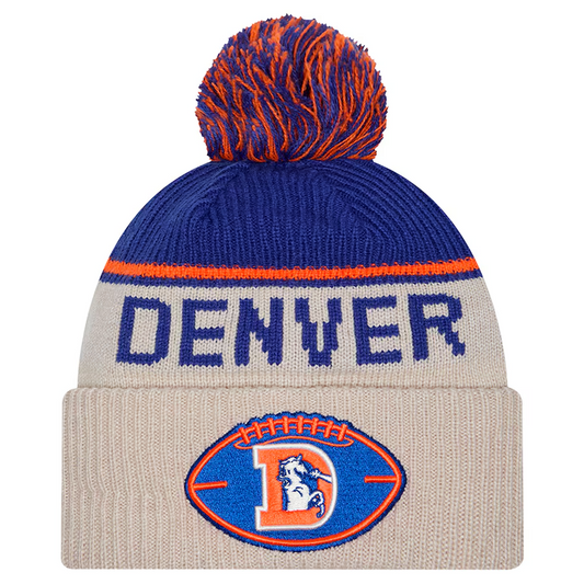 DENVER BRONCOS 2024 NFL HISTORIC SIDELINE CUFFED KNIT BEANIE WITH POM - STONE/NAVY