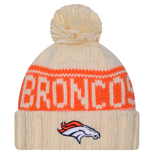 DENVER BRONCOS WOMEN'S 2024 NFL SIDELINE CUFFED KNIT BEANIE WITH POM - CREAM