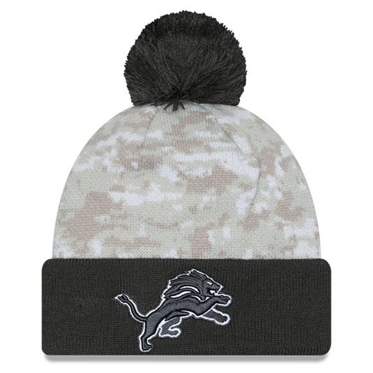 DETROIT LIONS 2024 NFL SALUTE TO SERVICE CUFFED KNIT BEANIE WITH POM - ARTIC WHITE/GRAPHITE