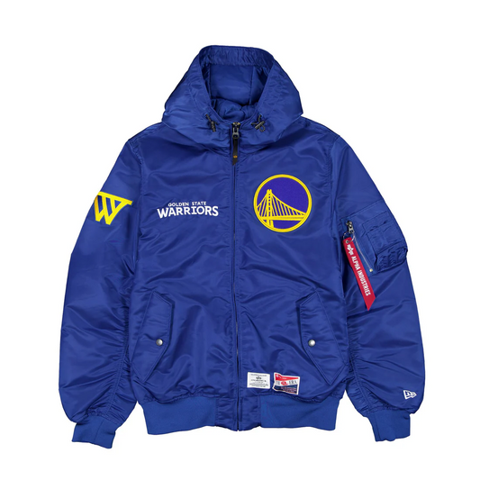 GOLDEN STATE WARRIORS MEN'S NEWERA X ALPHA INDUSTRIES L-2B HOODED BOMBER JACKET - BLUE