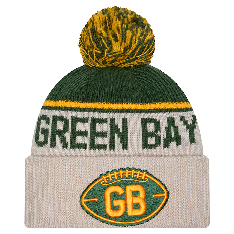 GREEN BAY PACKERS 2024 NFL HISTORIC SIDELINE CUFFED KNIT BEANIE WITH POM - STONE/GREEN