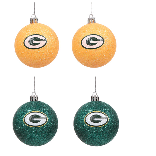 GREEN BAY PACKERS 4 PACK GLITTER BALL ORNAMENT SET