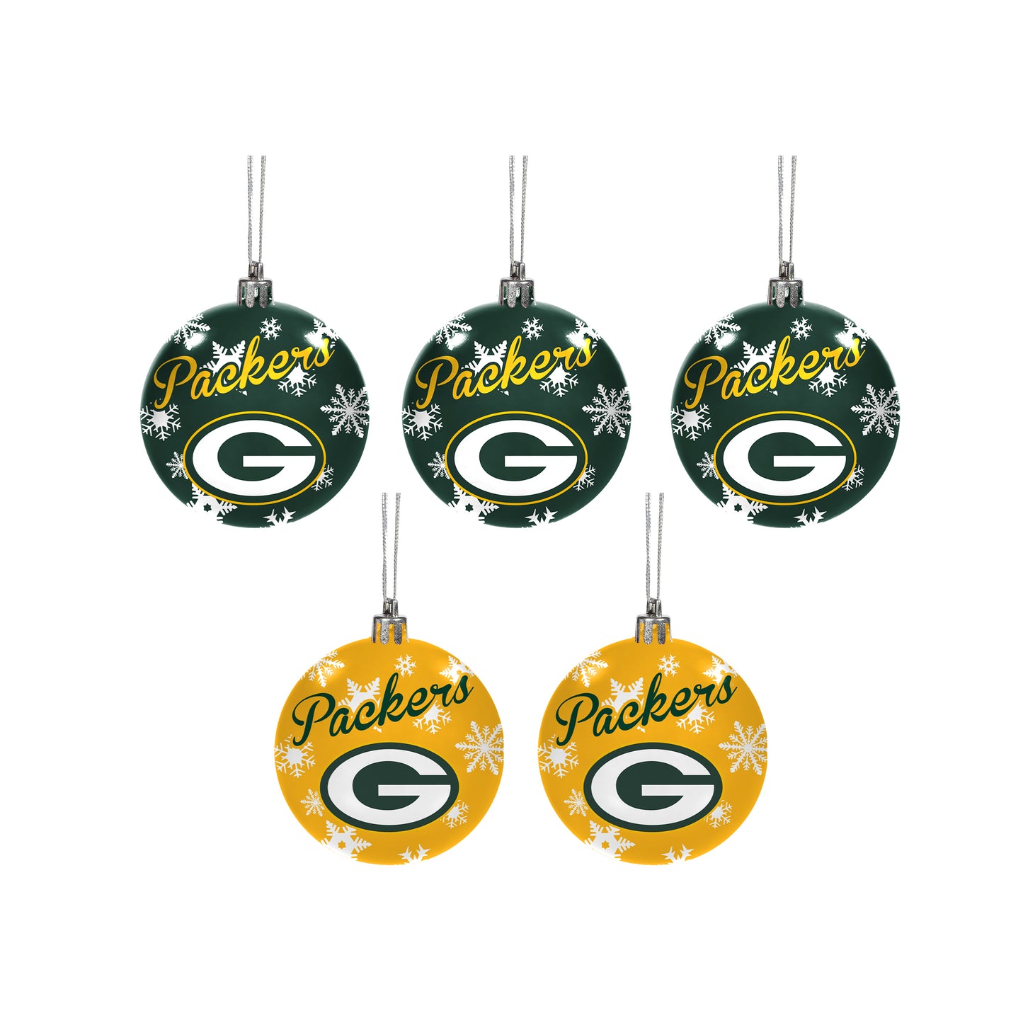 GREEN BAY PACKERS 5 PACK SHATTERPROOF BALL ORNAMENT SET