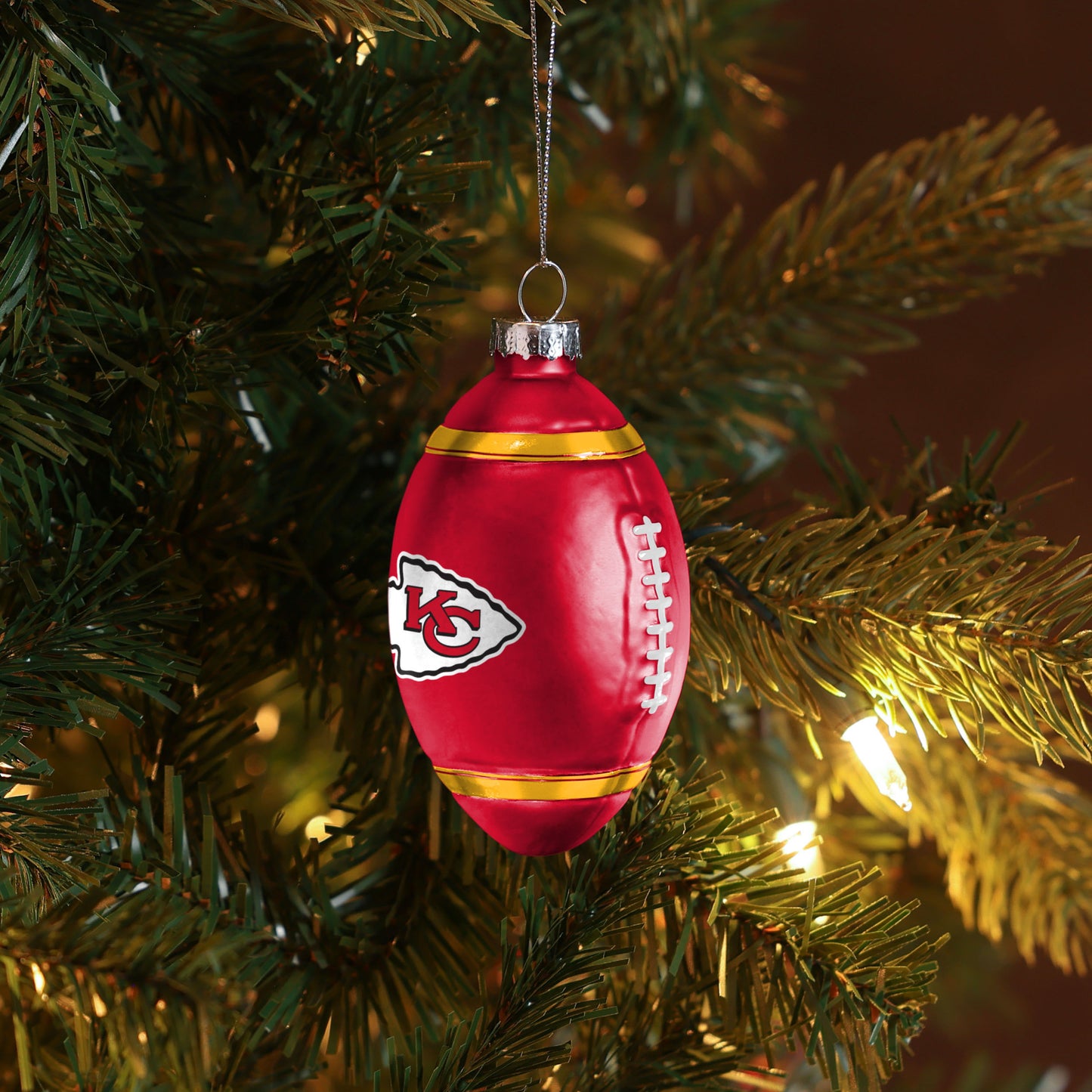 KANSAS CITY CHIEFS BLOWN GLASS FOOTBALL ORNAMENT