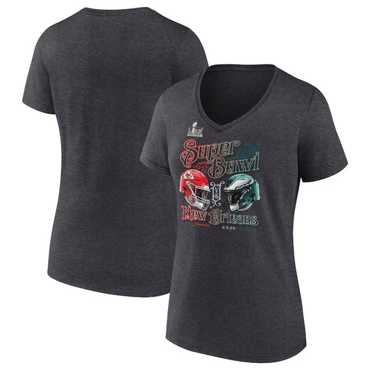 KANSAS CITY CHIEFS VS. PHILADELPHIA EAGLES SUPER BOWL LIX WOMEN'S FINAL BATTLE T-SHIRT - CHARCOAL GRAY