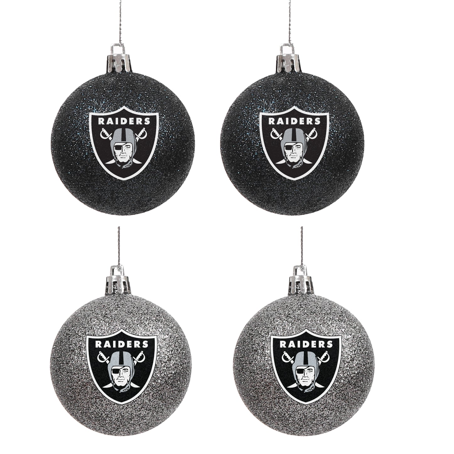 LAS VEGAS RAIDERS 4 PACK GLITTER BALL ORNAMENT SET