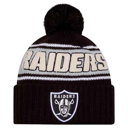 LAS VEGAS RAIDERS YOUTH 2024 NFL SIDELINE CUFFED KNIT BEANIE WITH POM - BLACK