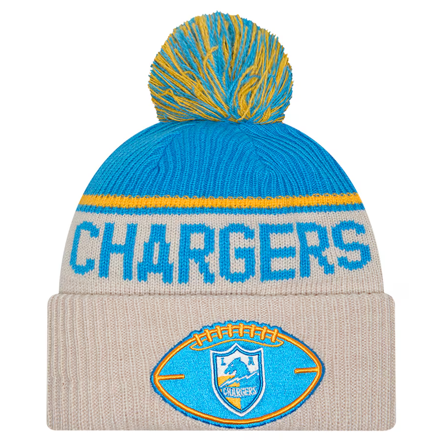 LOS ANGELES CHARGERS 2024 NFL HISTORIC SIDELINE CUFFED KNIT BEANIE WITH POM - STONE/POWDER BLUE