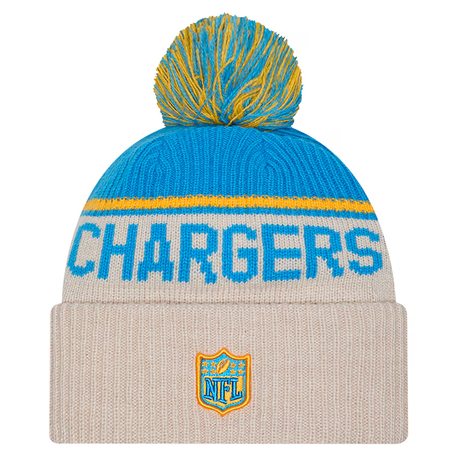 LOS ANGELES CHARGERS 2024 NFL HISTORIC SIDELINE CUFFED KNIT BEANIE WITH POM - STONE/POWDER BLUE