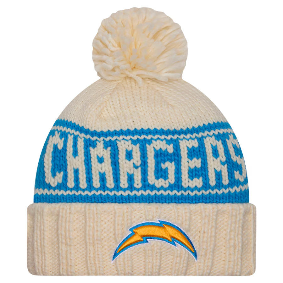 LOS ANGELES CHARGERS WOMEN'S 2024 NFL SIDELINE CUFFED KNIT BEANIE WITH POM - CREAM