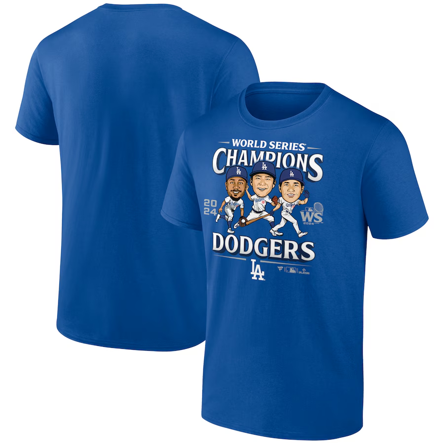 LOS ANGELES DODGERS MEN'S 2024 WORLD SERIES CHAMPIONS APPEAL PLAY CARICATURE T-SHIRT