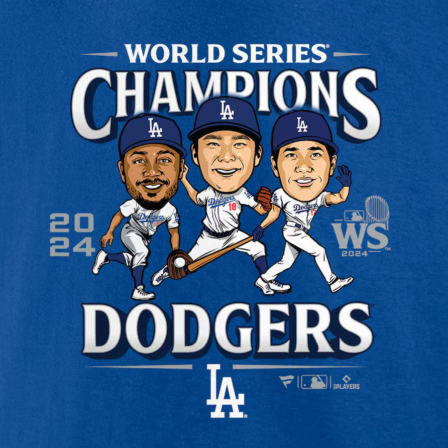 LOS ANGELES DODGERS MEN'S 2024 WORLD SERIES CHAMPIONS APPEAL PLAY CARICATURE T-SHIRT