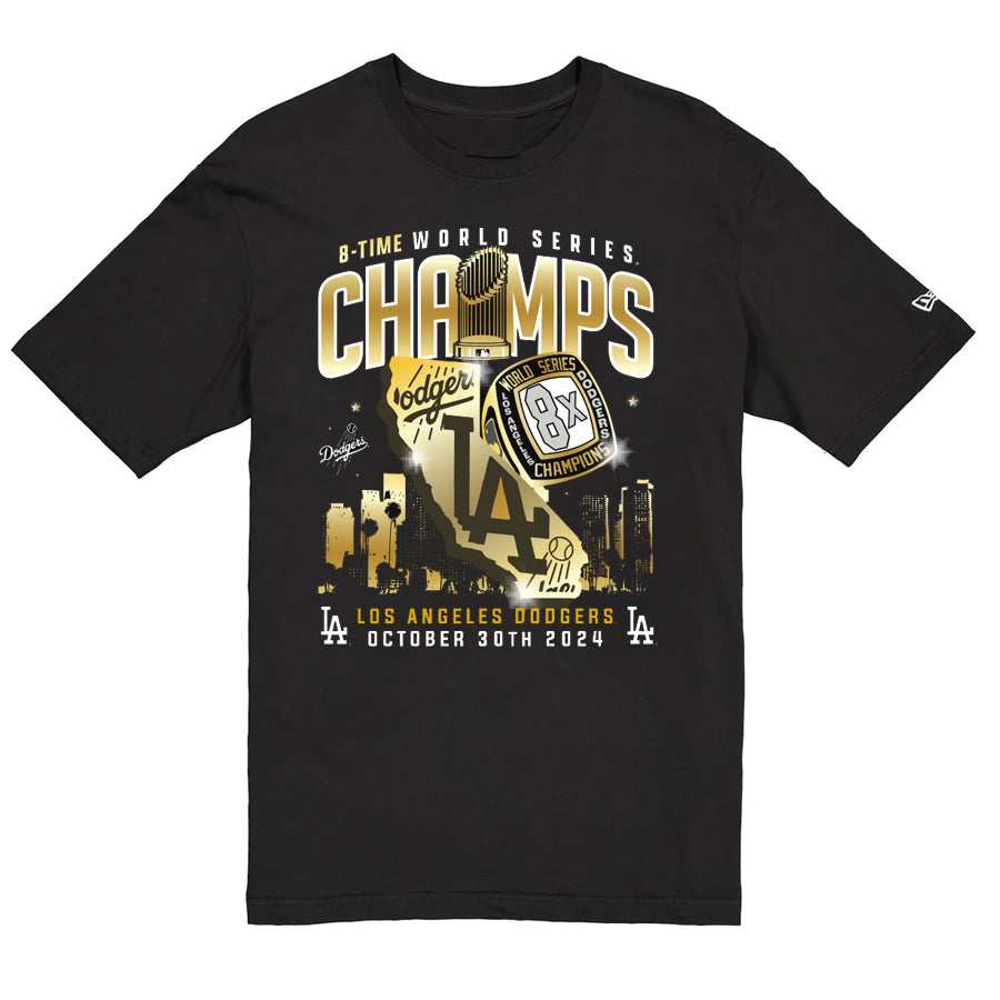 LOS ANGELES DODGERS MEN'S 2024 WORLD SERIES CHAMPIONS GOLD RING T-SHIRT -- BLACK