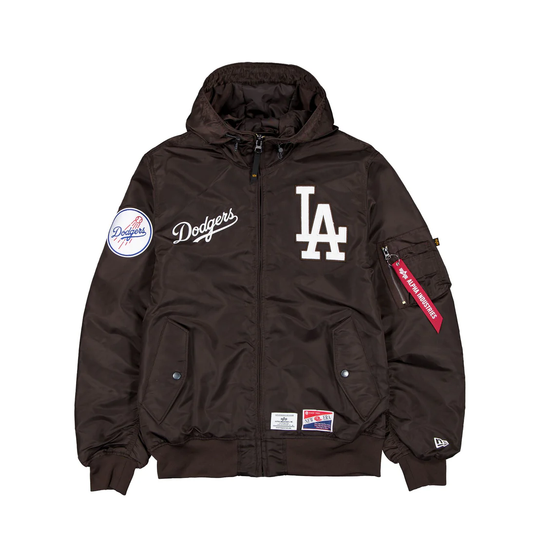 LOS ANGELES DODGERS MEN'S NEWERA X ALPHA INDUSTRIES L-2B HOODED BOMBER JACKET - BROWN