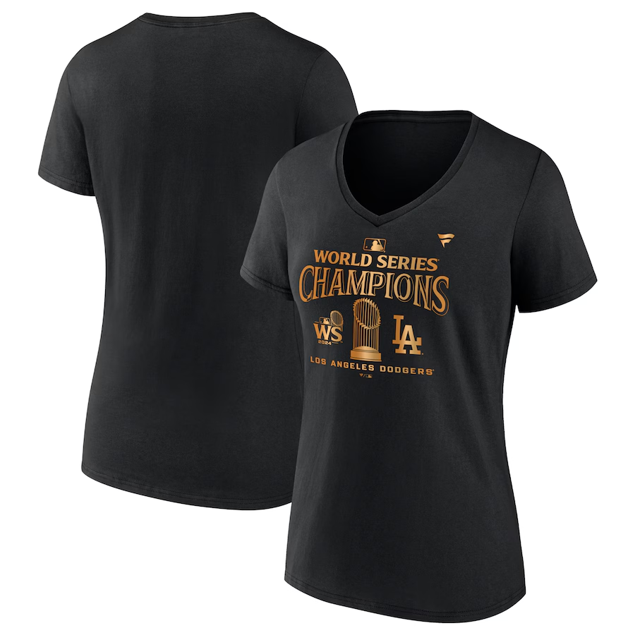 LOS ANGELES DODGERS WOMEN'S 2024 WORLD SERIES CHAMPIONS LOCKER ROOM PARADE DAY V-NECK T-SHIRT - BLACK