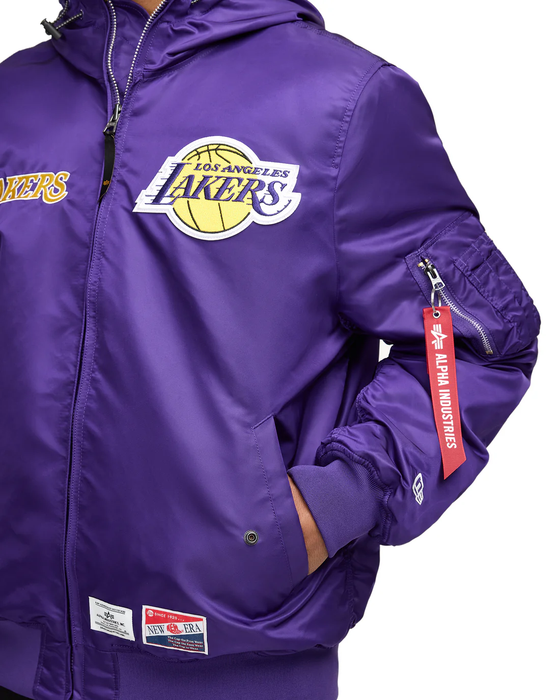 LOS ANGELES LAKERS MEN'S NEWERA X ALPHA INDUSTRIES L-2B HOODED BOMBER JACKET - PURPLE