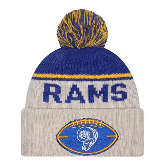 LOS ANGELES RAMS 2024 NFL HISTORIC SIDELINE CUFFED KNIT BEANIE WITH POM - STONE/BLUE