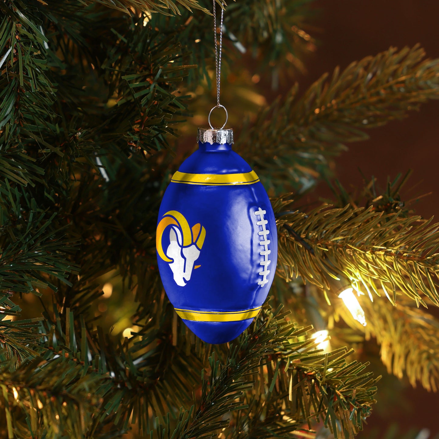 LOS ANGELES RAMS BLOWN GLASS FOOTBALL ORNAMENT