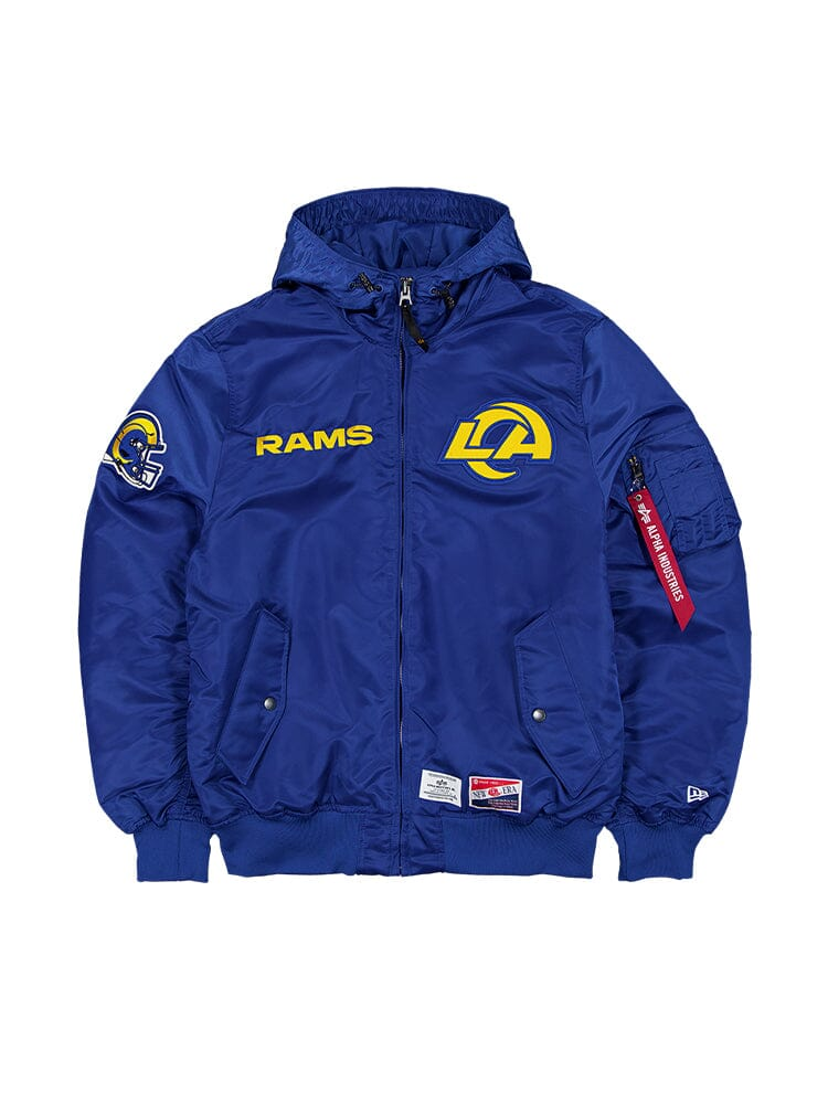 LOS ANGELES RAMS MEN'S NEWERA X ALPHA INDUSTRIES L-2B HOODED BOMBER JACKET - BLUE