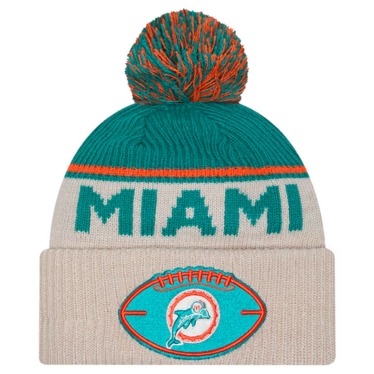 MIAMI DOLPHINS 2024 NFL HISTORIC SIDELINE CUFFED KNIT BEANIE WITH POM - STONE/AQUA