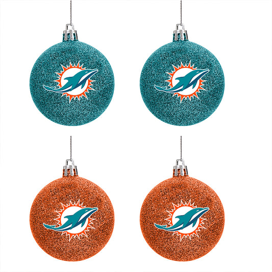 MIAMI DOLPHINS 4 PACK GLITTER BALL ORNAMENT SET