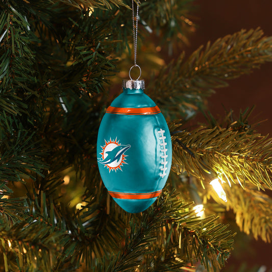 MIAMI DOLPHINS BLOWN GLASS FOOTBALL ORNAMENT