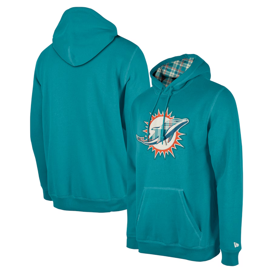 MIAMI DOLPHINS MEN'S 2024 NFL SIDELINE 3RD DOWN PLAID PULLOVER HOODED SWEATSHIRT