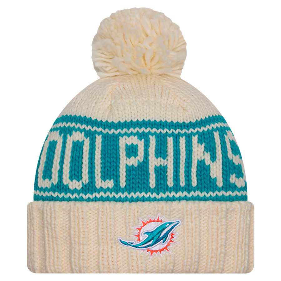 MIAMI DOLPHINS WOMEN'S 2024 NFL SIDELINE CUFFED KNIT BEANIE WITH POM - CREAM