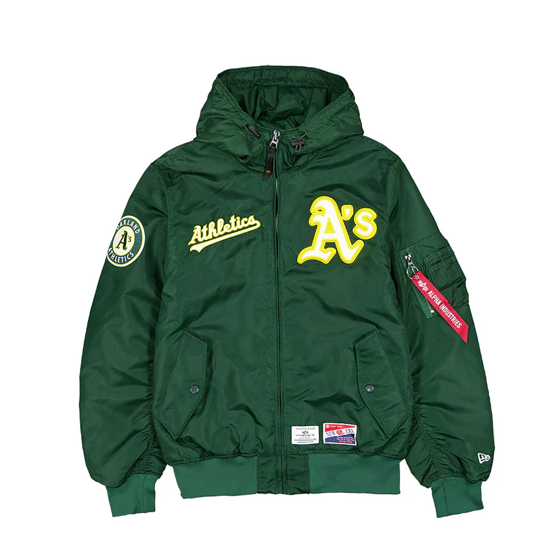 OAKLAND ATHLETICS MEN'S NEWERA X ALPHA INDUSTRIES L-2B HOODED BOMBER JACKET - GREEN