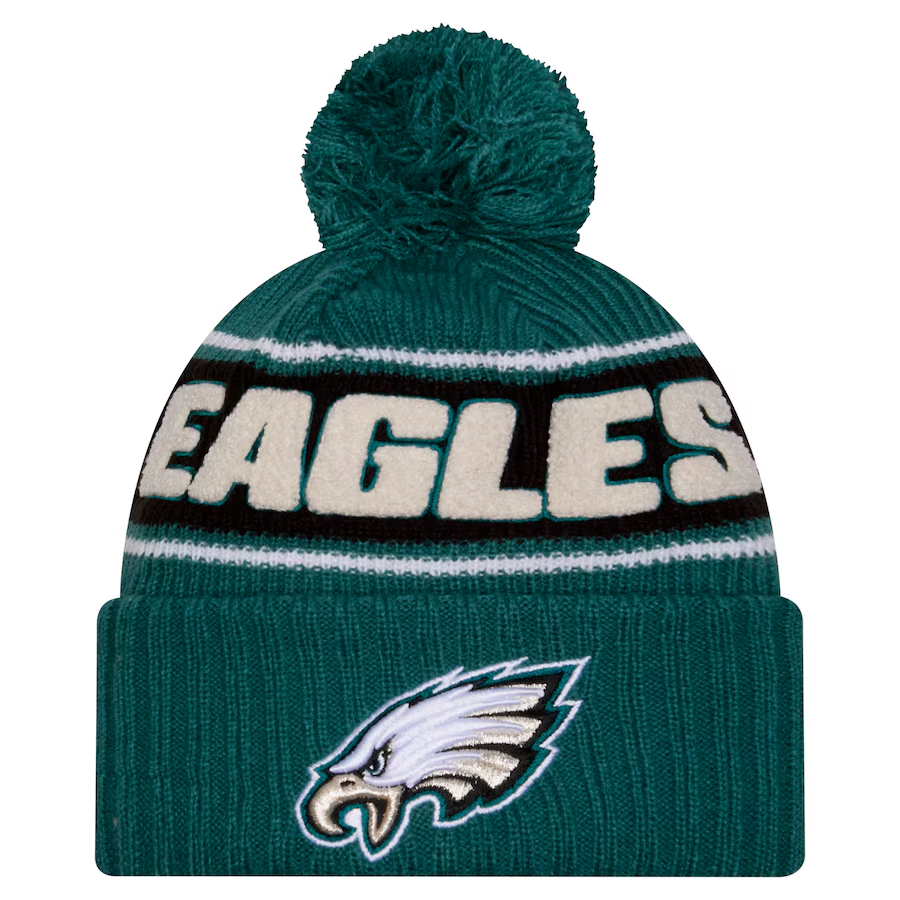 PHILADELPHIA EAGLES 2024 NFL SIDELINE CUFFED KNIT BEANIE WITH POM  - GREEN