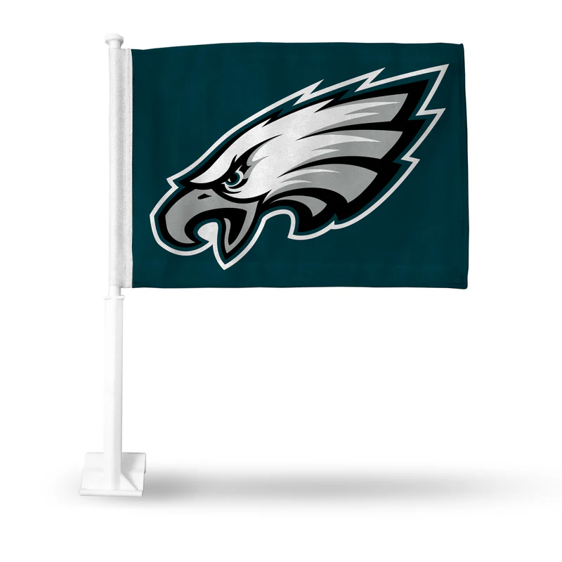 PHILADELPHIA EAGLES DOUBLE SIDED 16" X 19" CAR FLAG - GREEN FLAG WITH WHITE POLE