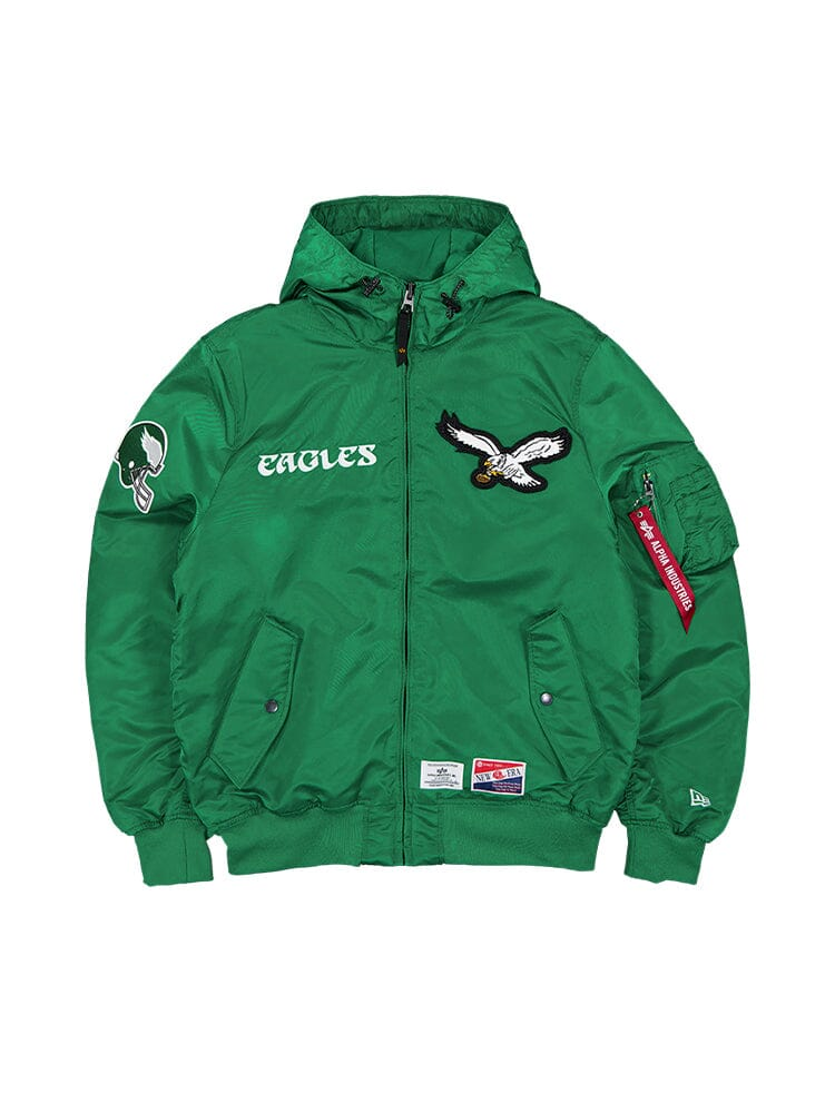 PHILADELPHIA EAGLES MEN'S RETRO NEWERA X ALPHA INDUSTRIES L-2B HOODED BOMBER JACKET - KELLY GREEN