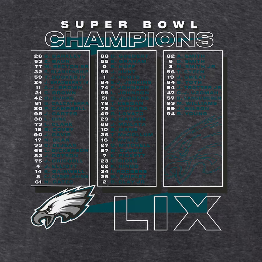 PHILADELPHIA EAGLES SUPER BOWL LIX CHAMPIONS MEN'S BEST TEAMMATES ROSTER T-SHIRT - CHARCOAL