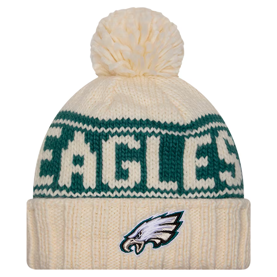 PHILADELPHIA EAGLES WOMEN'S 2024 NFL SIDELINE CUFFED KNIT BEANIE WITH POM - CREAM