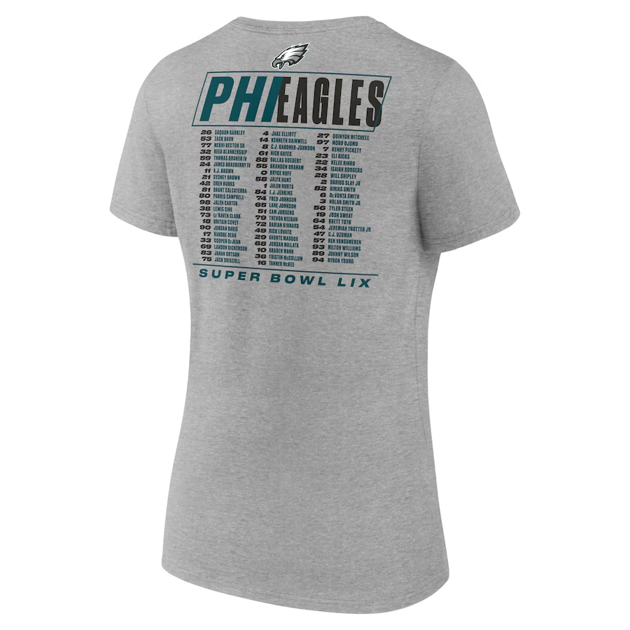 PHILADELPHIA EAGLES WOMEN'S SUPER BOWL LIX ROSTER V-NECK T-SHIRT - HEATHER GRAY