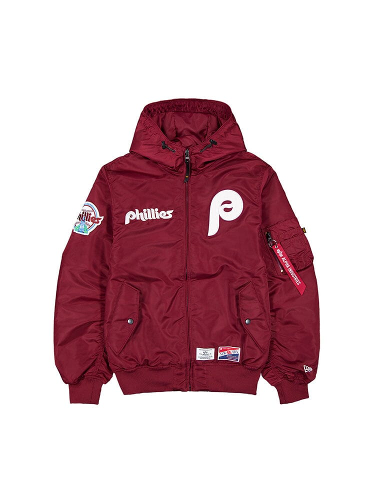 PHILADELPHIA PHILLIES MEN'S NEWERA X ALPHA INDUSTRIES L-2B HOODED BOMBER JACKET - BURGUNDY