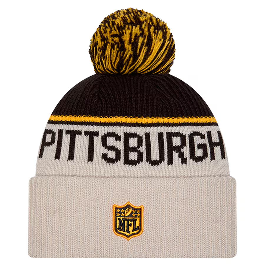 PITTSBURGH STEELERS 2024 NFL HISTORIC SIDELINE CUFFED KNIT BEANIE WITH POM - STONE/BLACK