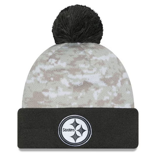 PITTSBURGH STEELERS 2024 NFL SALUTE TO SERVICE CUFFED KNIT BEANIE WITH POM - ARTIC WHITE/GRAPHITE