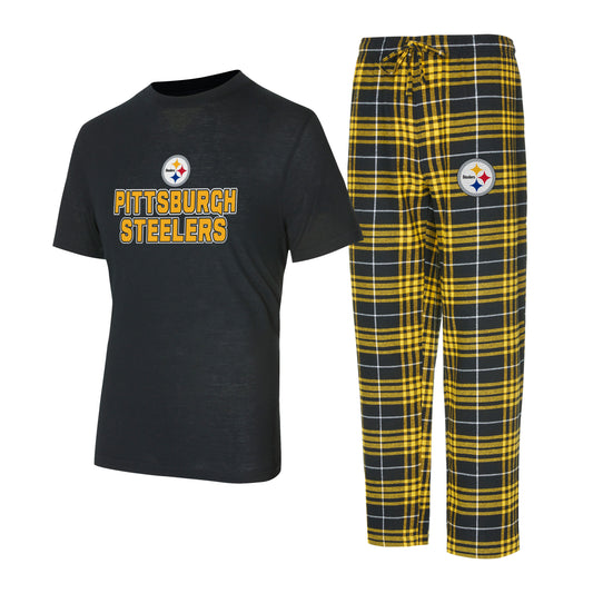 PITTSBURGH STEELERS MEN'S VECTOR T-SHIRT & FLANNEL PANT SLEEPWEAR SET - BLACK/GOLD